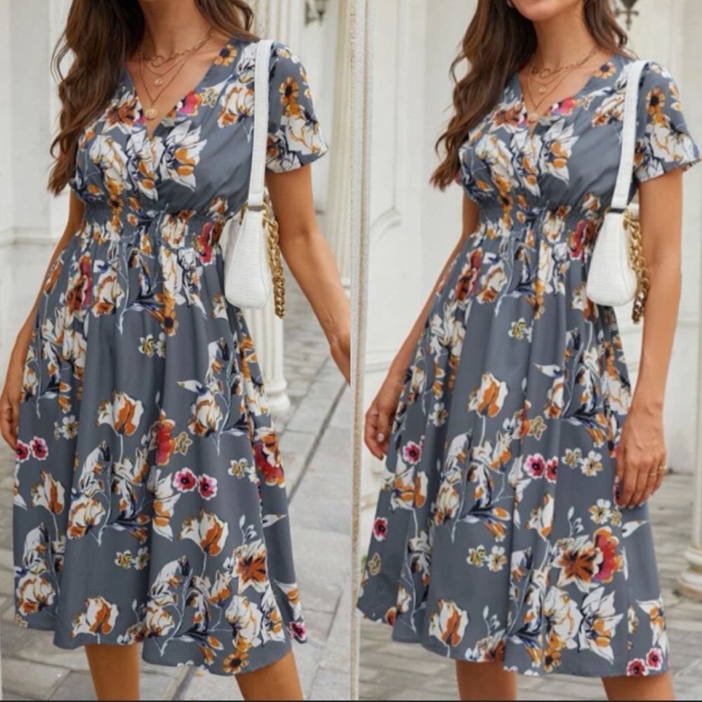 Boho floral print shirred waist A line dress